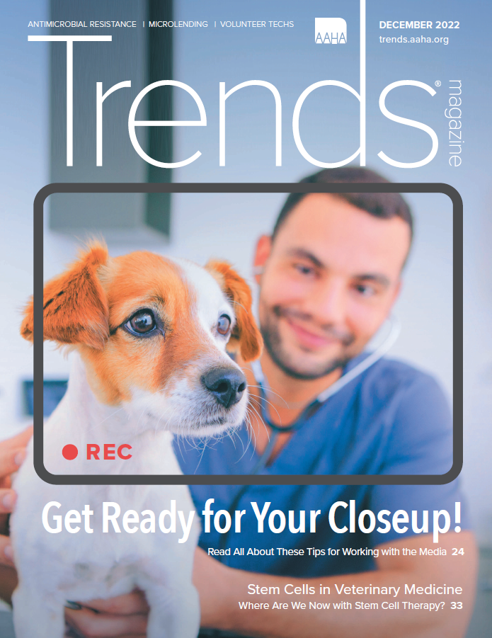 Cover of Trends 2022: A video camera shot of a technician listing to a dog's heart