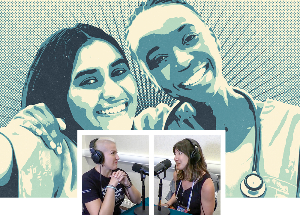 Photos of Katie Berlin, DVM, and Alyssa Mages, BS, CVT, duing podcast recording with an illustrated image of empowered, happy veterinary team workers behind them.