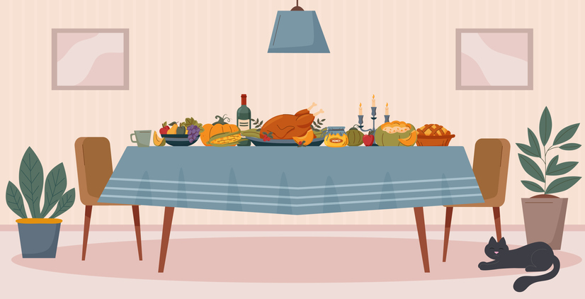 Illustration of a Thanksgiving meal on a table