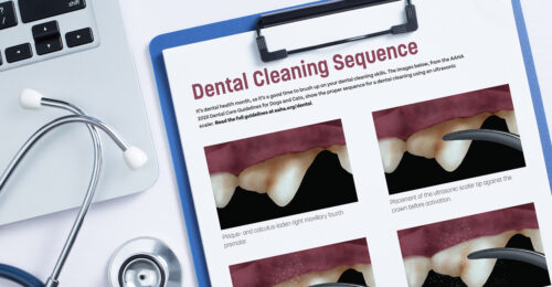 Clipboard with a handout depicting 6 steps to proper dental cleaning