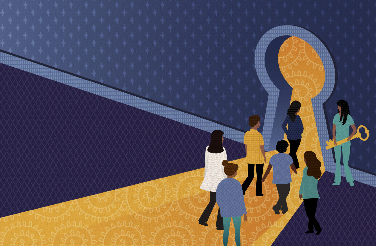 Illustration of a bright keyhole door with veterinary students walking through it