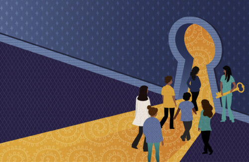 Illustration of a bright keyhole door with veterinary students walking through it