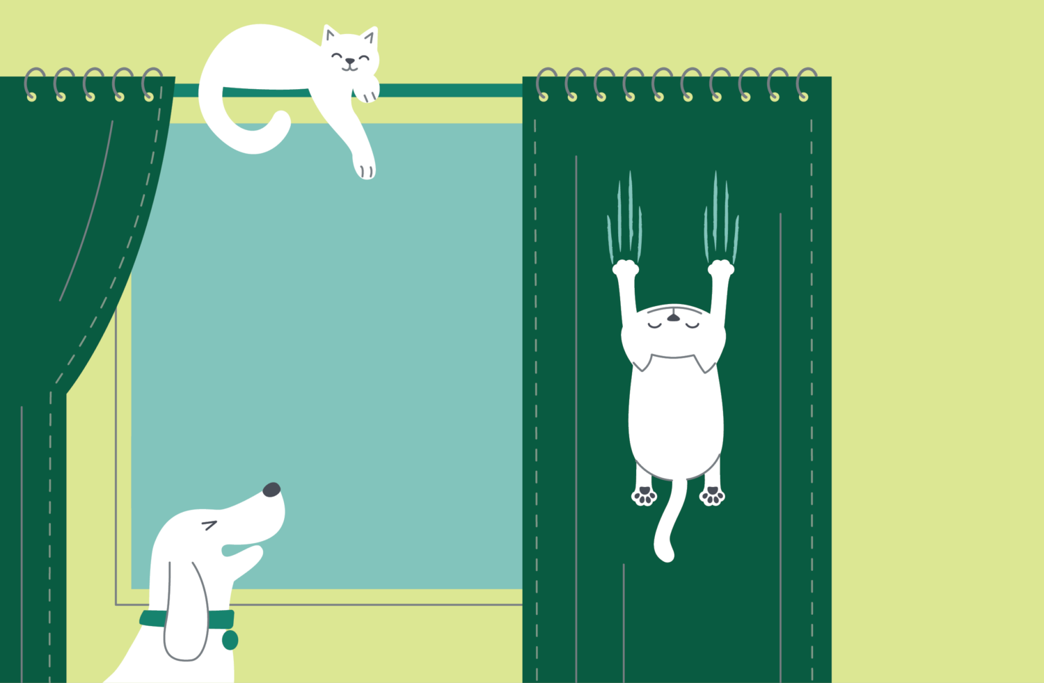 Illustration of pet behavior: a cat scratching down a curtain and a dog howling