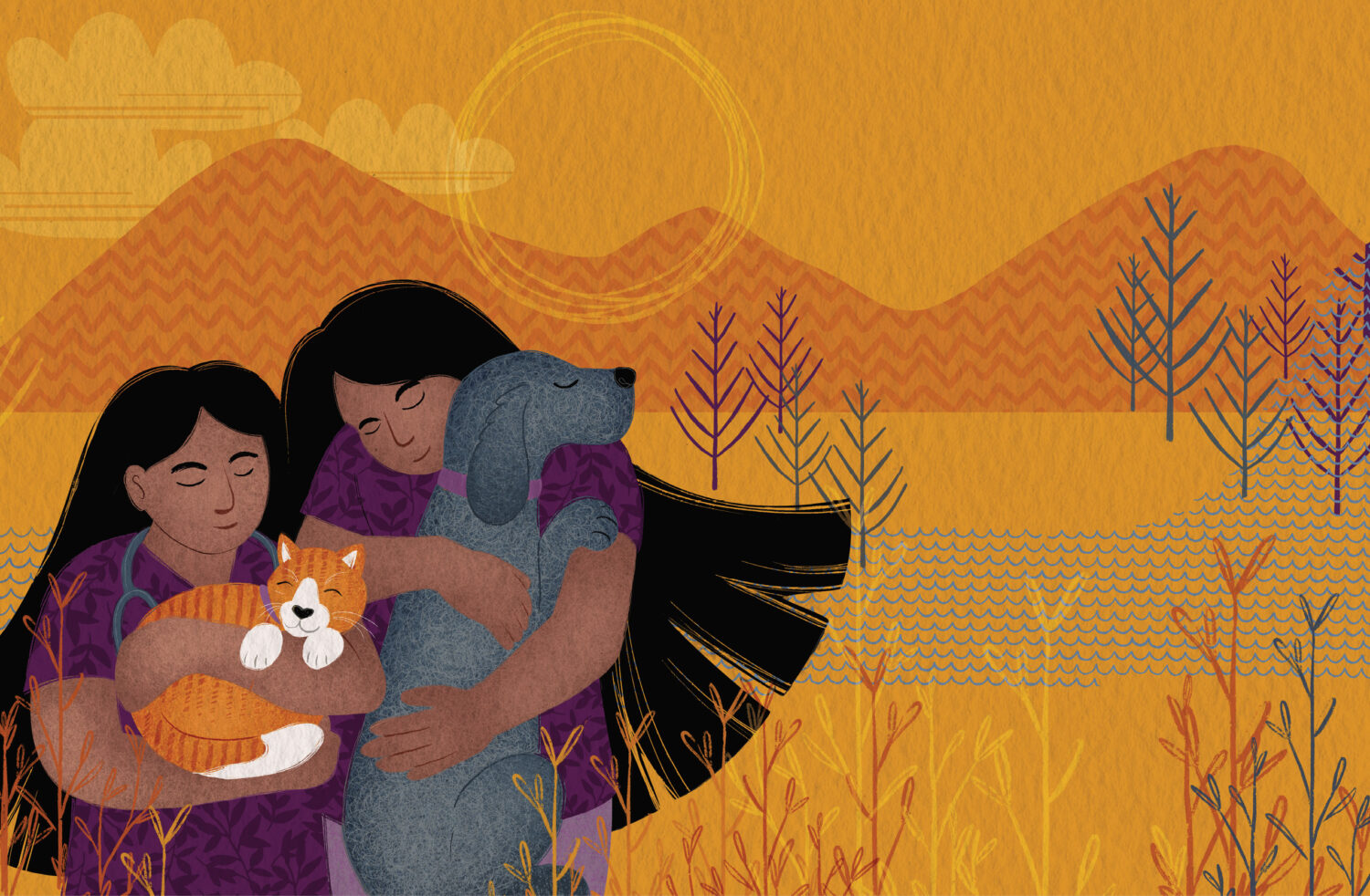 Illustration of two Indigenous veterinary professionals cuddling pets.