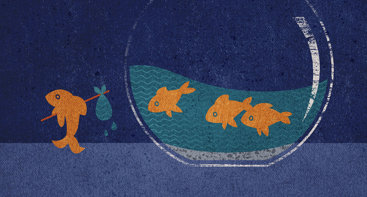 Illustration of poor staff retention: a fish walking away from its fish bowl.