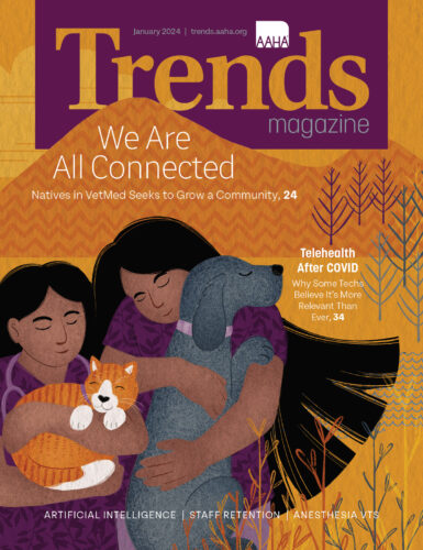Cover of January 2024 Trends. Illustration of two Native American women and veterinary professionals cuddling a dog and a cat.