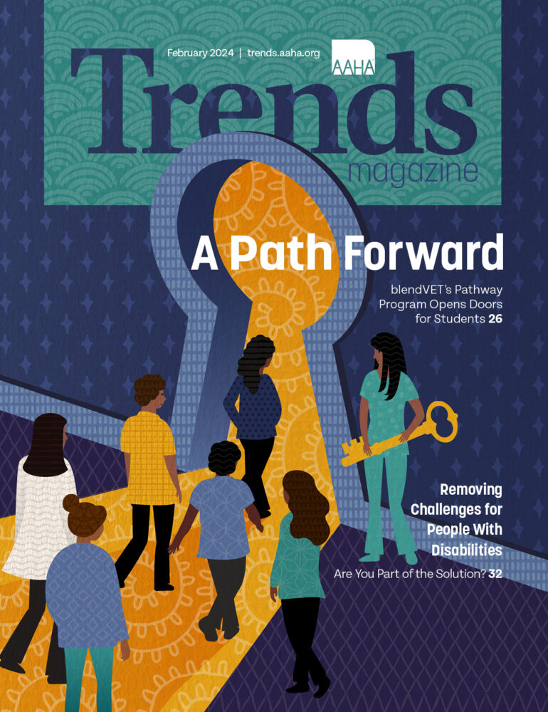 Cover of February 2024 Trends—Illustration of students walking through an open, keyhole-shaped door