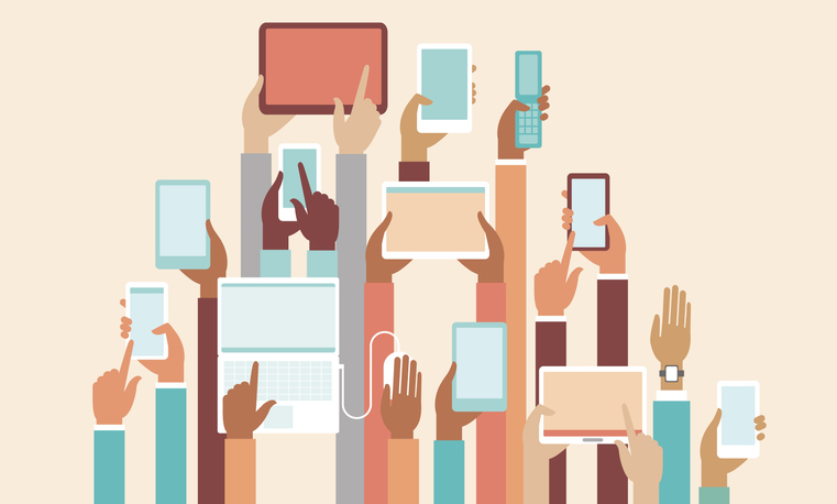 Illustration of various people's hands holding phones and tablets