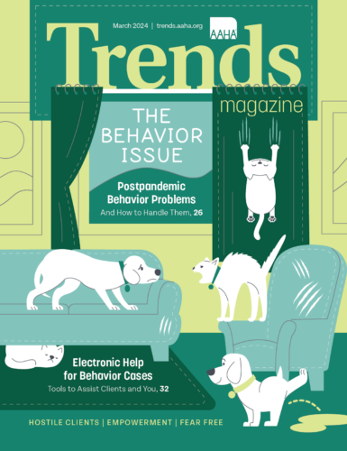 Cover of March 2024 Trends—Illustration of 4 pets displaying behavioral issues