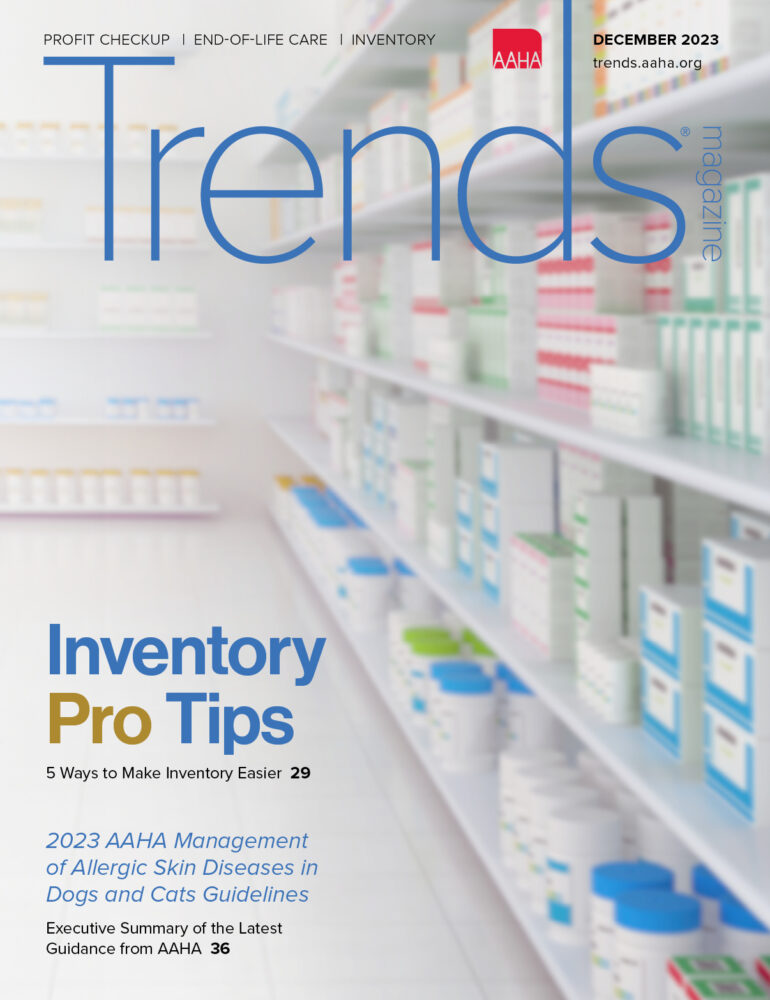 Cover of December 2023 Trends—Photo of inventory room with shelves of products.