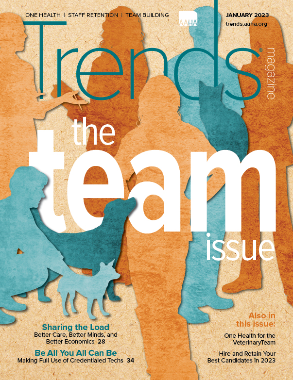 Cover of January 2023 Trends—paper cutouts of various veterinary team members