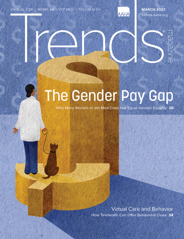 Cover of March 2023 Trends—Illustration of a dollar sign cut in half and woman with a dog standing on the lower side.