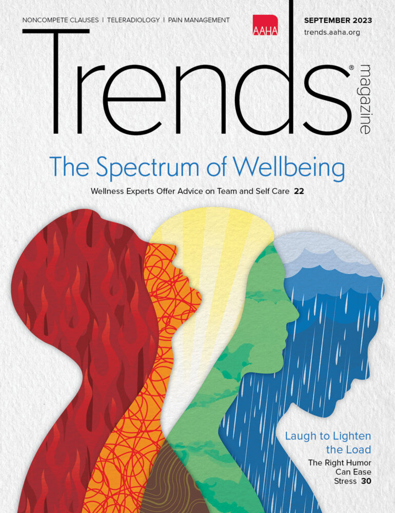 Cover of September 2023 Trends—Paper cutout illustration of 3 silhouettes that depict a spectrum of emotions