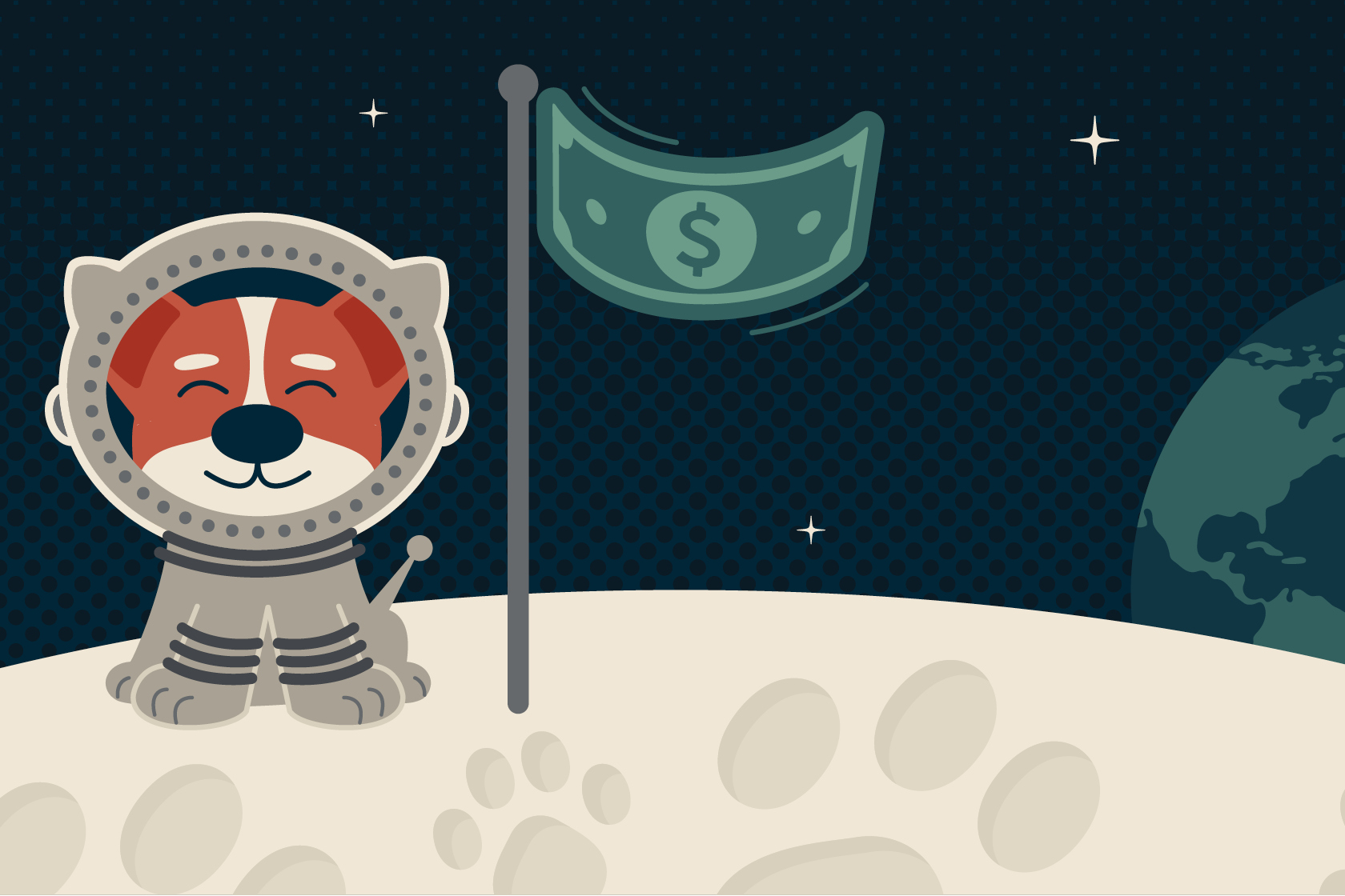 Illustration of a dog wearing a spacesuit on the moon next to a planted dollar bill flag. Fair compensation is a giant first step for employee retention.