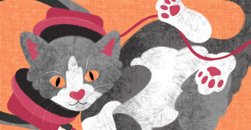 Illustration of a cat with headphones on listening to a podcast