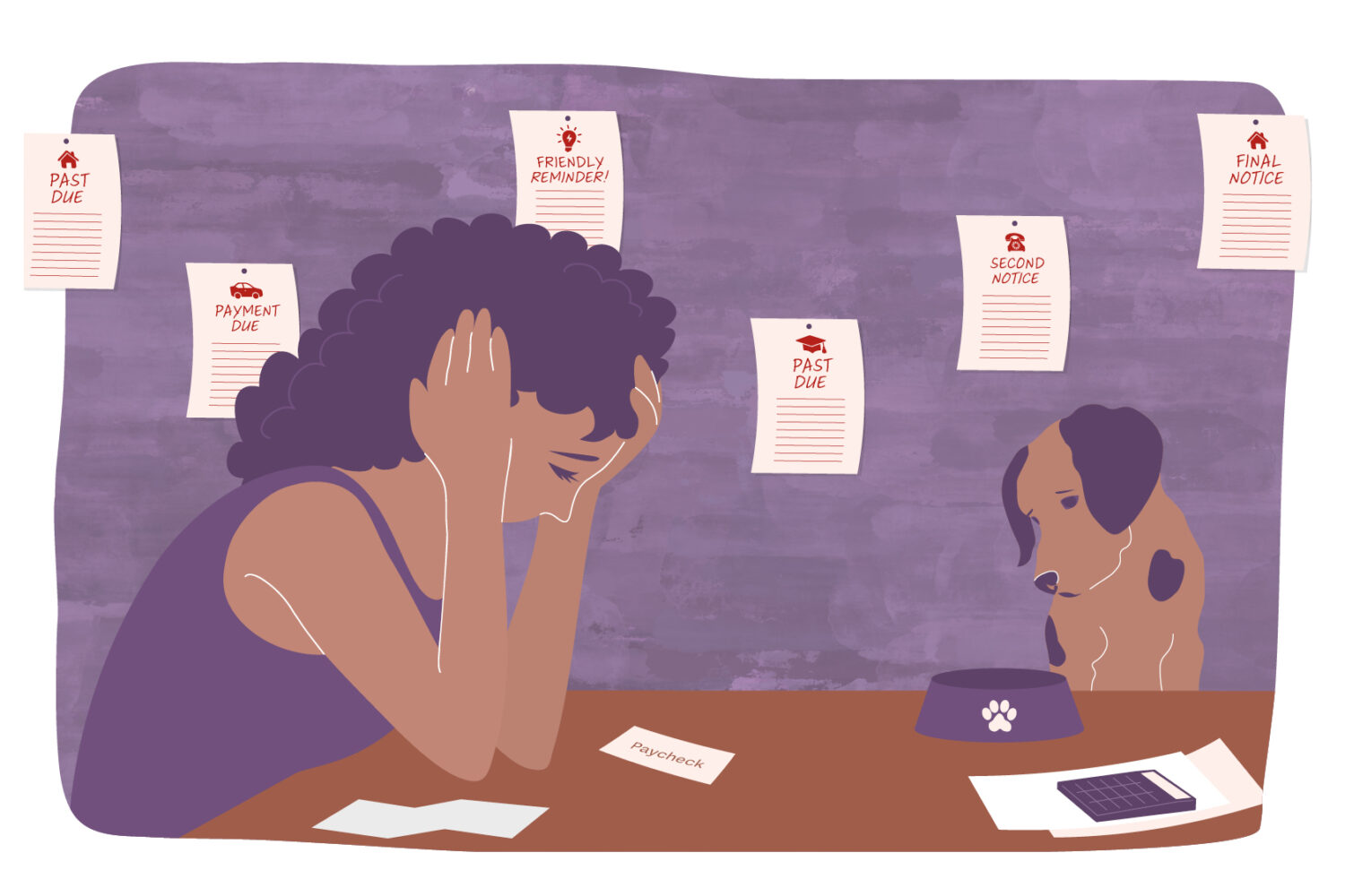 Illustration of a stressed woman at a table looking at her small paycheck. Her dog is next to her staring at his empty food bowl. Multiple 