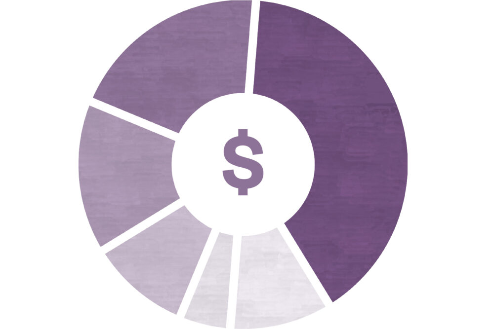 Pie chart showing 6 separate sections to illustrate the concept of budgeting, which can help to improve financial and mental health.
