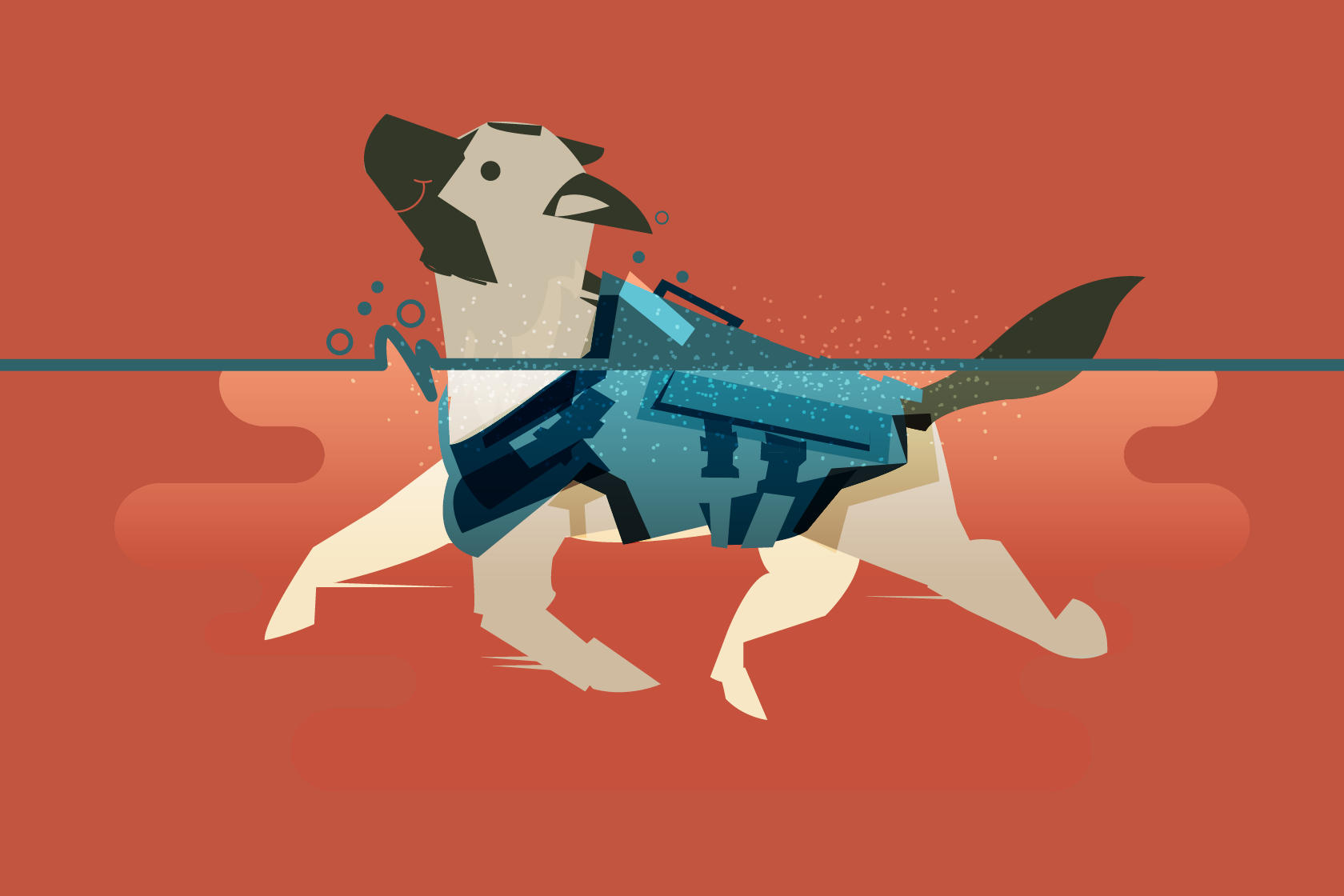 Illustration of a dog wearing a lifejacket and swimming while in rehab