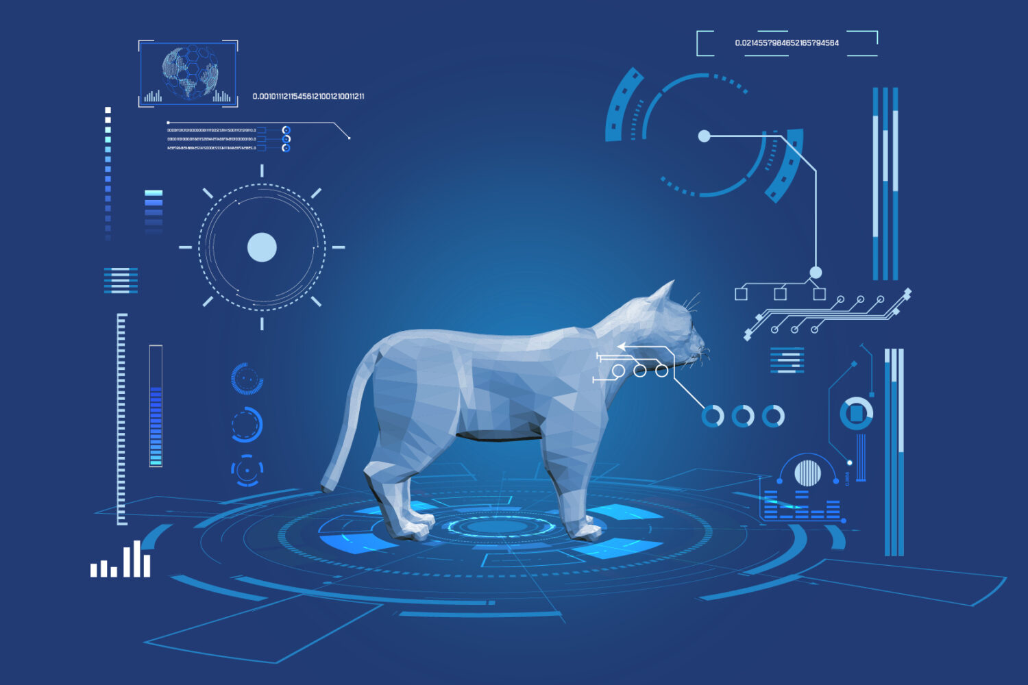 Futuristic rendition of AI in veterinary medicine. A diagnostic screen showing a cat and all of its medical information