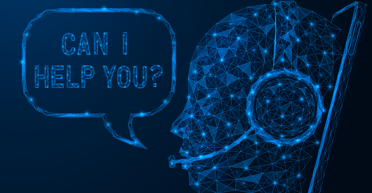 Low poly illustration of a head wearing a headset coming out of a tablet with a speech bubble saying 