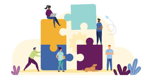 Illustration of team working with puzzle pieces