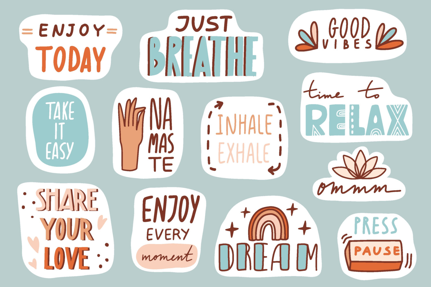 Collection of stickers and patches about yoga and mindfulness