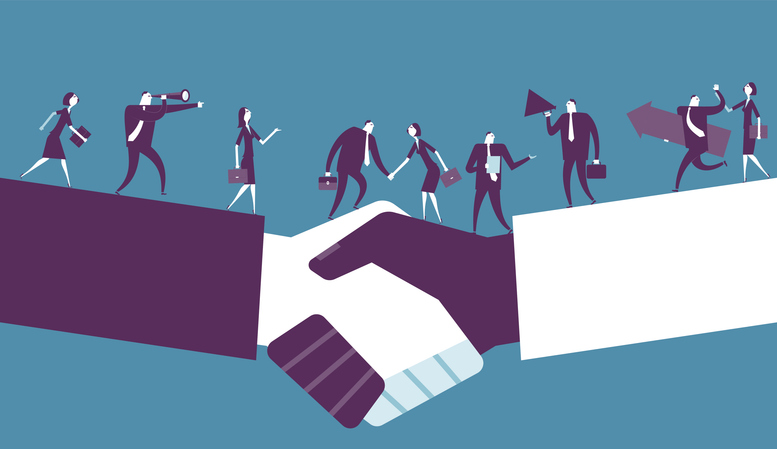 Illustration of hands shaking with business people walking over them like a bridge