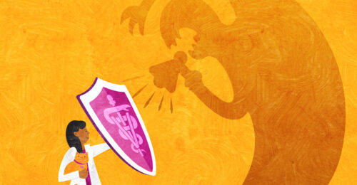 A veterinarian standing on a phone and holding a cat. A shadow monster is coming out of the phone and the veterinarian is holding up a shield against it.