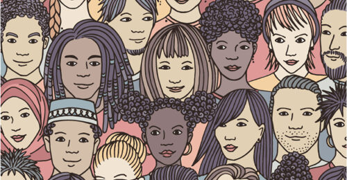 Illustration of many multi-ethnic, diverse faces