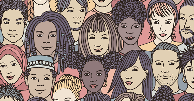 Illustration of many multi-ethnic, diverse faces