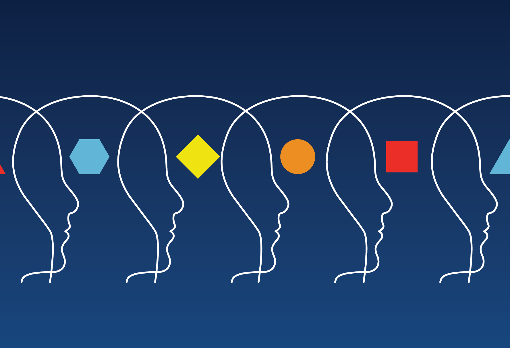 Illustration of multiple head profiles with different shapes in each head: a hexagon, a diamond, a circle, and a square.
