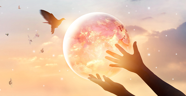 Image of hands holding a glowing globe with birds flying around it to represent One Health.