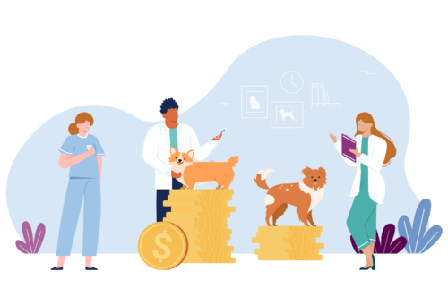 illustration of two dogs sitting on top of pile of coins with vetmed workers around them