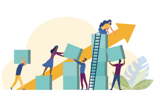 illustration of a team helping eachother build steps