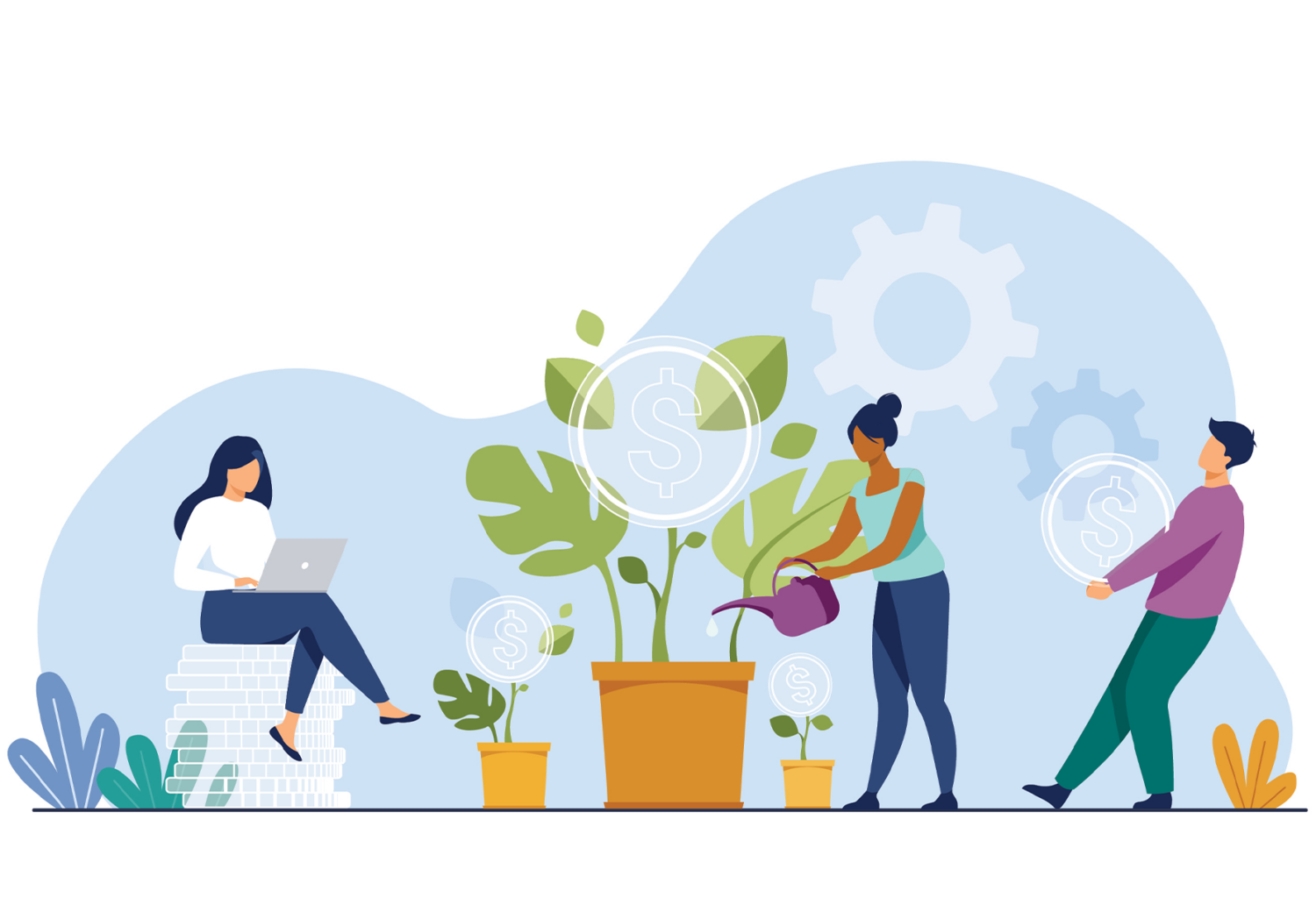 illustration of people sitting on and carrying large coins, someone watering a plant and coins coming out of it