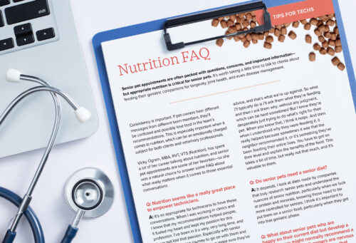 Photo of a clipboard next to a laptop with a stethoscope over it. Clipped to the clipboard is a handout for technicians titled, “Nutrition FAQ”