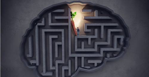 Image of a maze in the shape of a brain and a carrot at the center of the maze with a man touching it.