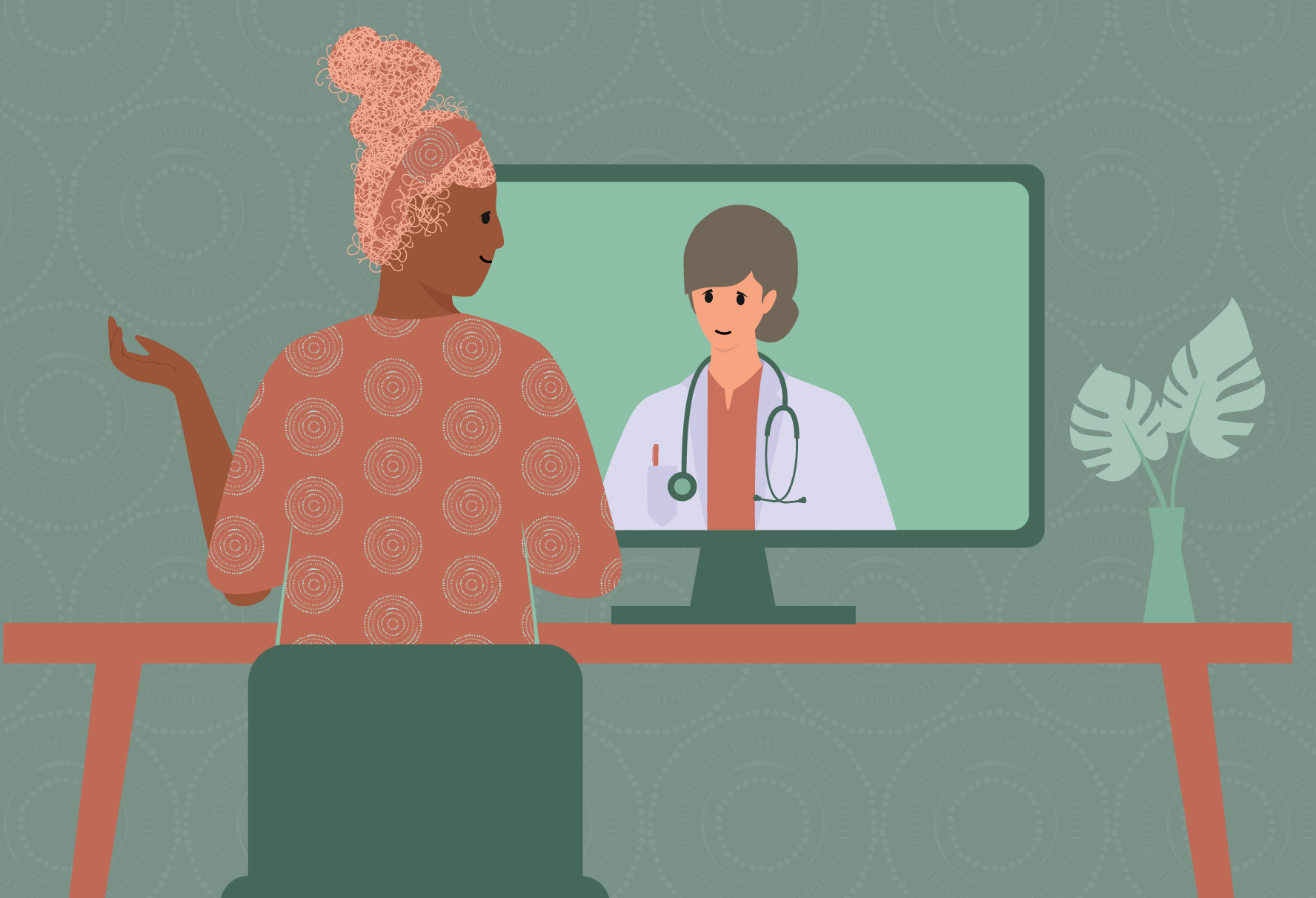 Illustration of a woman during a telehealth therapy session focusing on mental wellness.