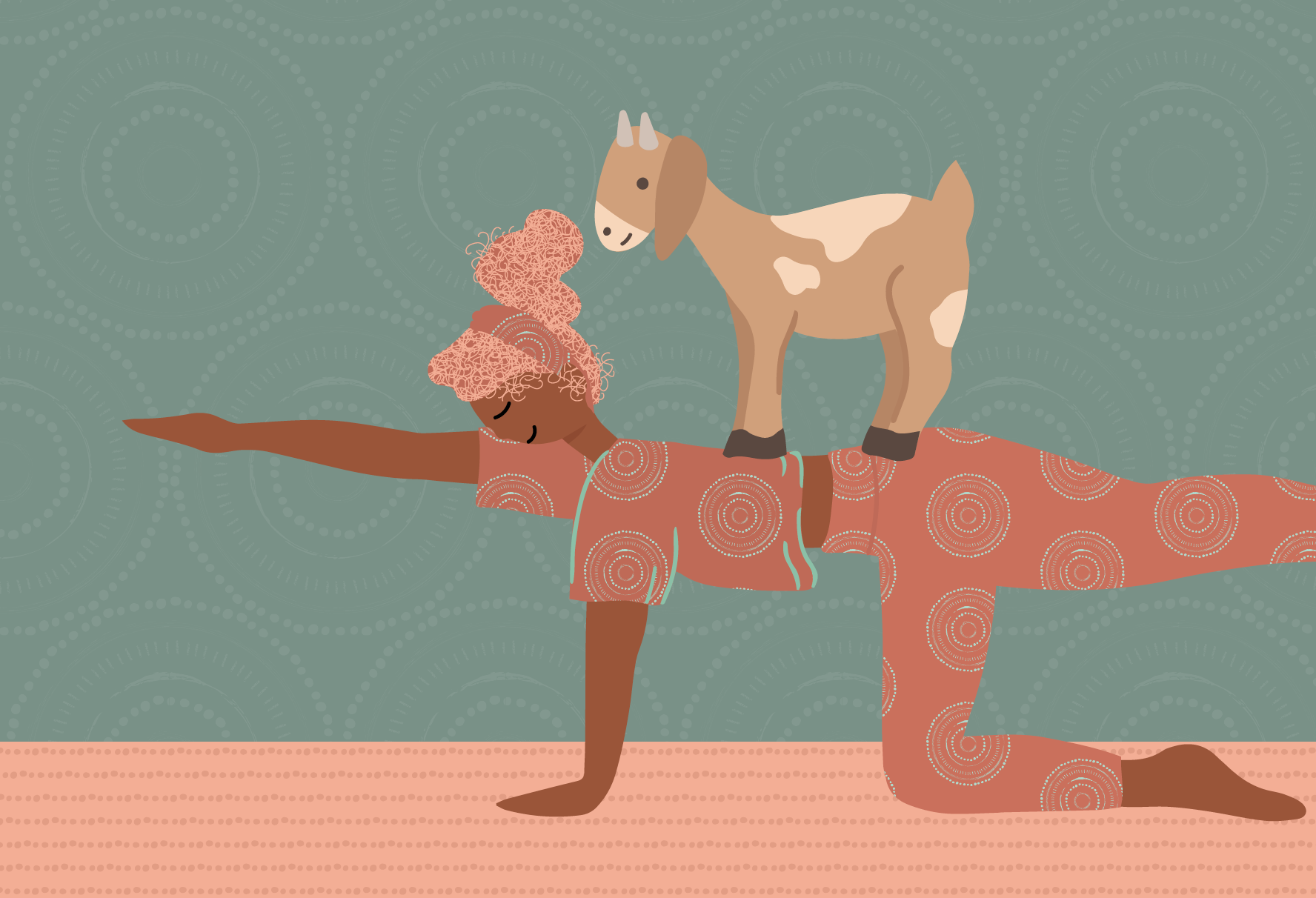 Illustration of a woman doing goat yoga to improve mental wellness. Goat is standing on her back.