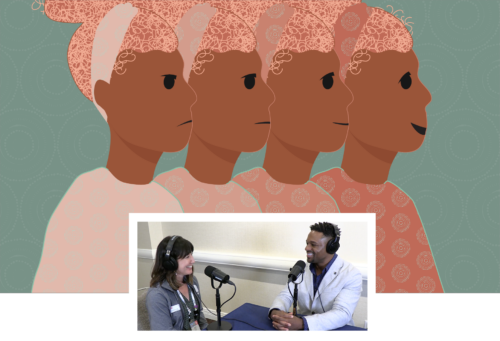 Illustration of 1 woman with 4 versions of herself next to each other. Each version shows a range of emotion from mad to apathetic to hopeful to happy to represent mental wellness. Over the illustration is a small still image of the podcast recording with host Katie Berlin, DVM, and Courtney Campbell, DVM, DACVS (Small Animal).