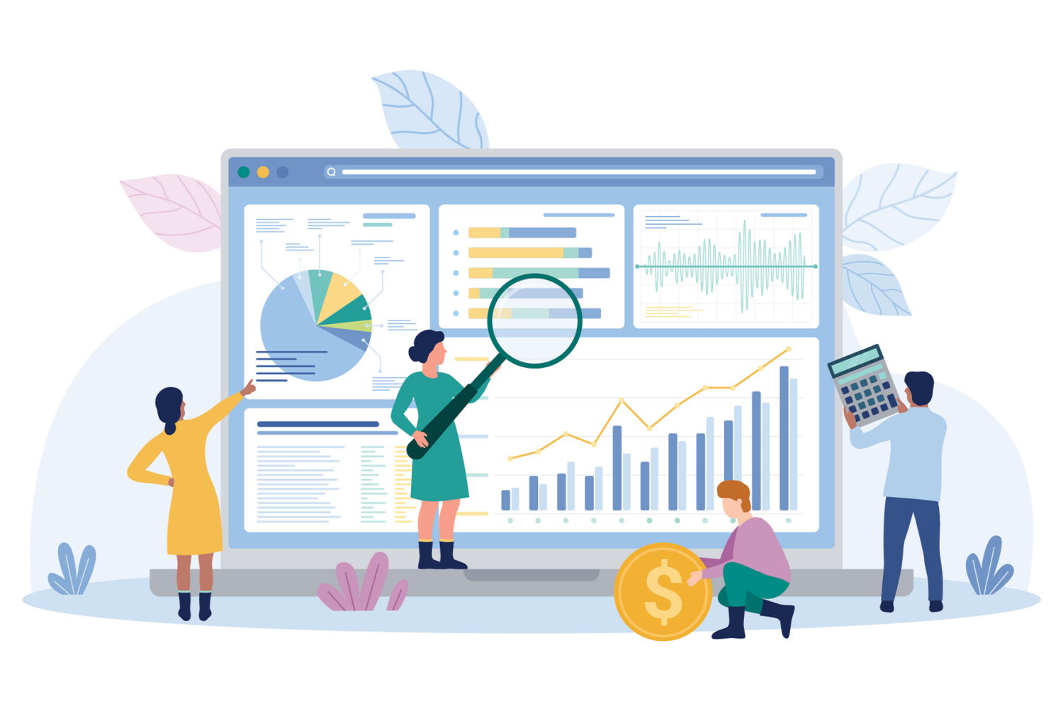 an illustration of a group looking at numbers and data
