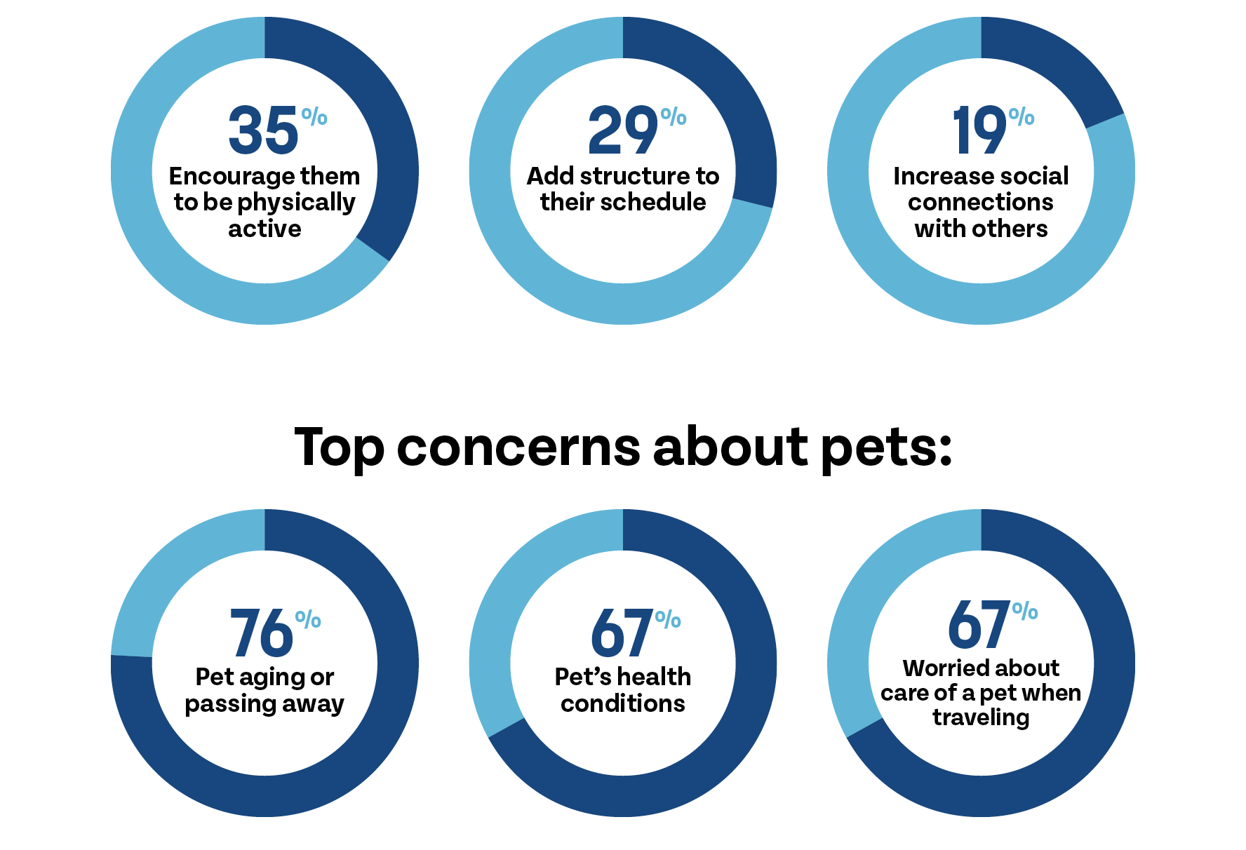 Infographic: Top concerns about pets: 76%—Pet aging or passing away, 67%—Pet's health conditions, and 67%—Worried about care of a pet when traveling