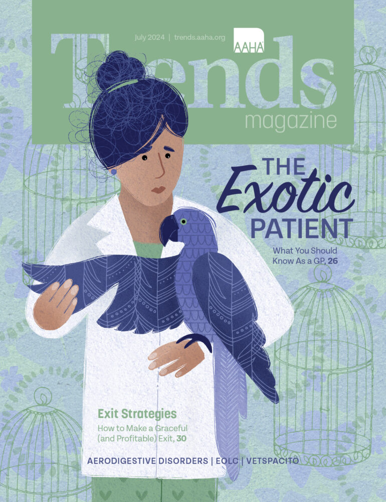 Cover of July 2024 Trends—A veterinarian is looking confused at the bird she is holding.