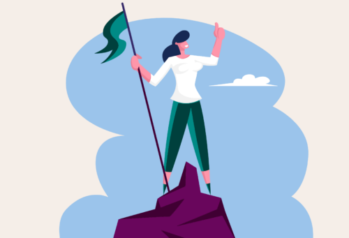 illustration of a woman on top of a mountain holding a flag