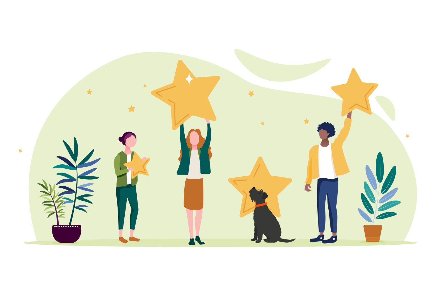 illustration of three team members and a dog holding up stars