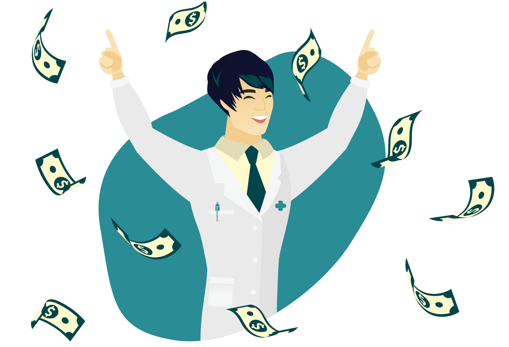 A veterinarian celebrates selling practice with a windfall of cash raining down on him.