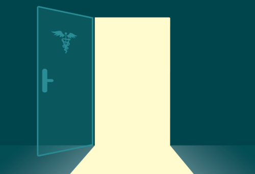 An illustration of an open glass door with the veterinary caduceus on it. Light is shining through the door.