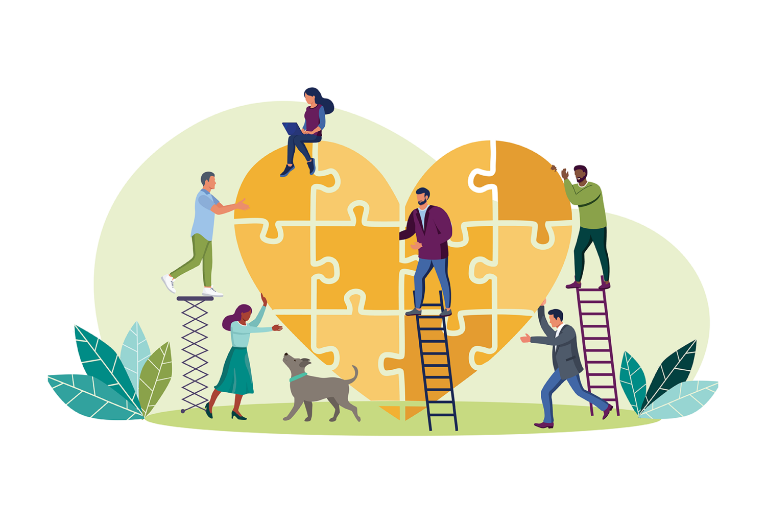 illustration of several team members putting a heart puzzle together