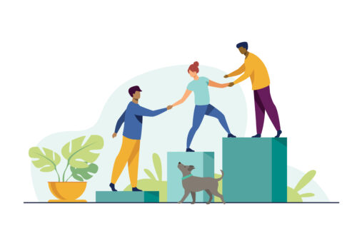 mentorship illustration, three people helping each other up steps