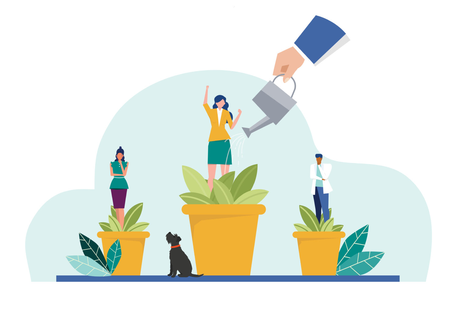 illustration of a hand watering pots where people are growing out of